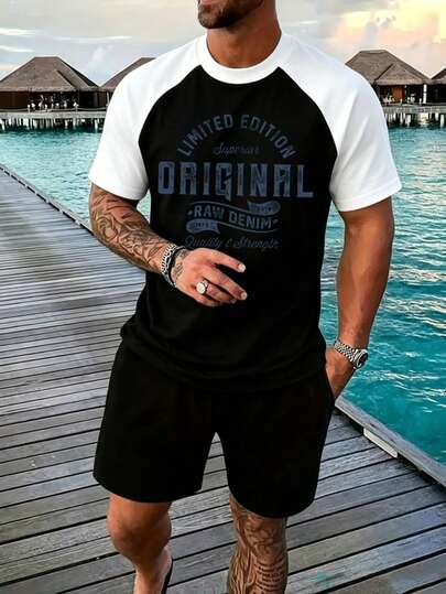 Hombre002PSy007 Conjunto de camiseta de blanca con estampado moderno + pantalón corto deportivo, ropa actual y práctica para el día a día, transpirable y ligera, envío desde México, perfecto para viajes y salidas