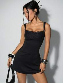 EgrlEra Women's Solid Color Lace Patchwork Fitted Backless Sleeveless Mini Dress - Black - View 7