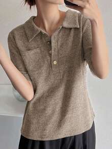 FRIFUL Women's Polo Collar Fitted Metal Button Decor Short Sleeve T-Shirt, Summer - Khaki - View 3