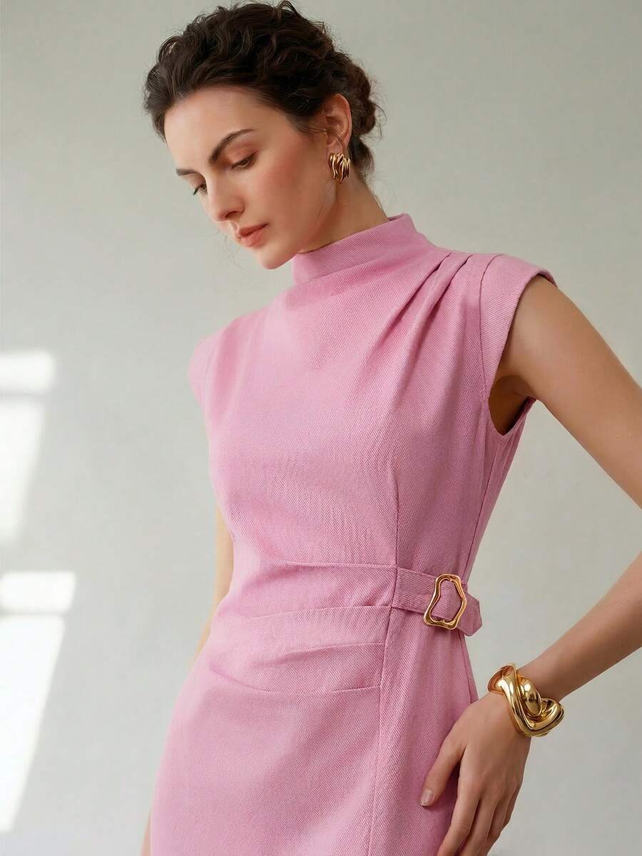 Uhlyne Uhlyne Summer Pink Elegant Office Diagonal-Striped Round-Neck Sleeveless Pleated Dress,Sophisticated Figure-Flattering Formal Gathering Bridesmaid Attire