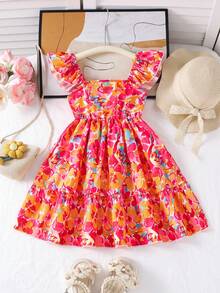 SHEIN Elladie kids 小女孩甜美可爱沙滩度假夏季短袖蝴蝶结装饰连衣裙，适合日常和假日穿着 - 玫紅色 - 查看 4