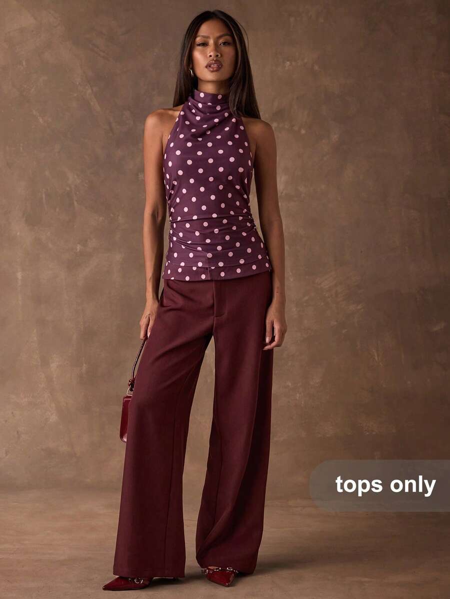 SHEIN BAE Áo tank top nữ kiểu yếm hở lưng, họa tiết chấm bi, thích hợp mặc đi chơi mùa hè/nghỉ xuân/mùa hè/đi biển/áo chấm bi/Ngày lễ tình nhân - Màu Tím - Xem 1