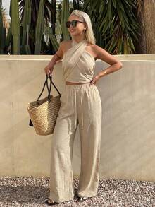 DAZY 夏季新款系带露背吊带背心和直筒裤休闲两件套女装 - 杏色 - 查看 6