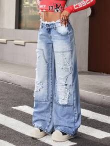 Jeanoix Jeans de pierna ancha con efecto desgastado y tiro bajo - Azul - Ver 5