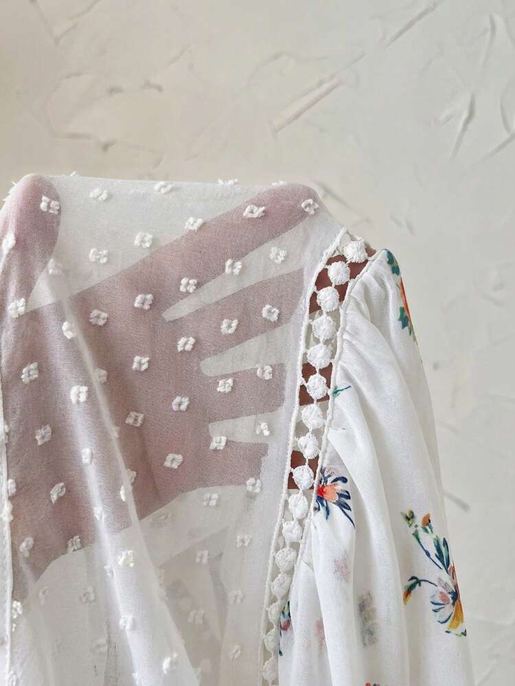 Plus Size Women Spring Casual Vacation Floral Print Petal Sleeve Blouse