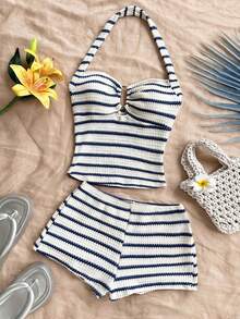 SHEIN PETITE CURVE Bộ đồ đôi nữ cỡ lớn phong cách tối giản thường ngày gồm áo tank top cổ yếm và quần short. - Xanh và trắng - Xem 3