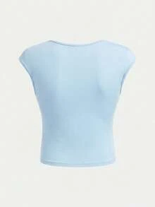 SHEIN Tween Girls' Baby Blue Solid Color Ruched Bust Sweet School Girl Casual Shrug T-Shirt,Suitable For Summer,Back-To-School,Holiday,Outdoor Picnic Wear - Blue - View 2