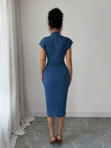 Elenzga 女士修身休闲牛仔连衣裙，短袖，单排扣设计 - 藍色 - 查看 2