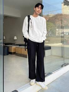 DAZY Áo thun nam dài tay cotton trắng thả vai, quần áo mùa thu - trắng - Xem 3