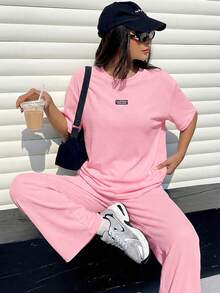 Muchica Light Pink Textured Casual Loose T-Shirt And Pants Set For Women - Baby Pink - View 6