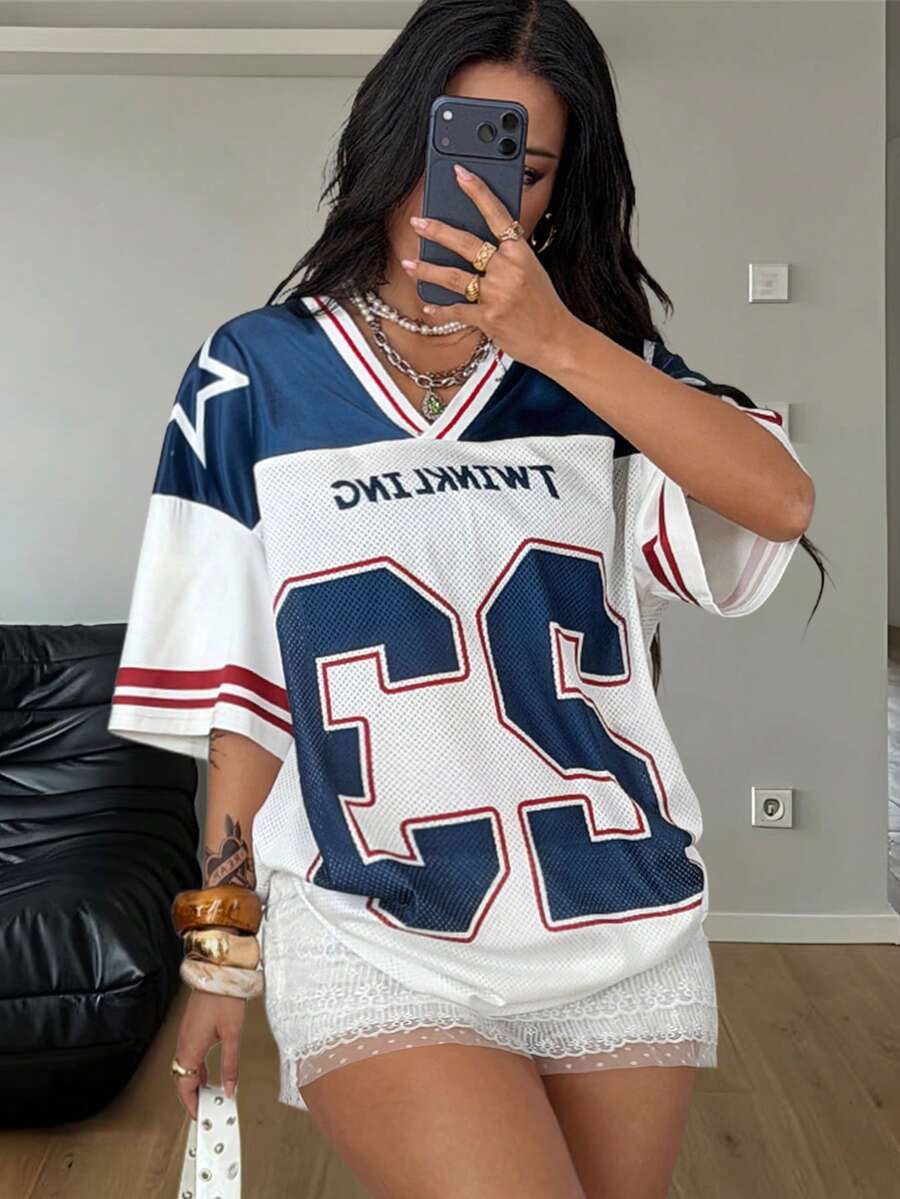 Coolane 女士春夏节日外出街头风复古透气网眼数字图案棒球衫红色球衣 - 彩色 - 查看 1