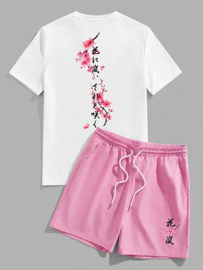 Manfinity Homme Bộ đồ nam gồm áo thun trắng tay ngắn và quần short dệt màu hồng in họa tiết cây hoa anh đào Ukiyo-E Nhật Bản, kiểu dáng thường ngày.