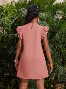 SHEIN Gaun Pendek Model A-Line Longgar Lengan Pendek Berkerut Warna Fuchsia Cerah untuk Remaja Perempuan, Pakaian Kasual untuk Liburan - Berwarna merah muda - View 2
