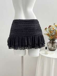 Elamini Women's Elegant Ruffled Hem Leopard Print Mini Skirt, Suitable For Casual, Party, Beach, Graduation Season - Black - View 2