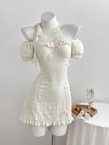 Elamini Đầm nữ, chất liệu vải dệt họa tiết phối nhiều mảnh với viền ren, thắt eo. - Màu be - Xem 1