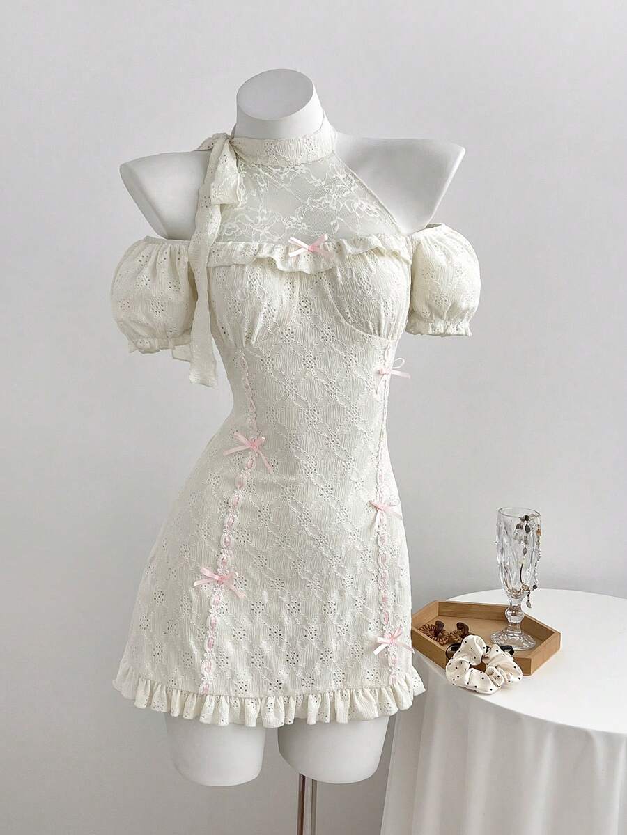 Elamini Đầm nữ, chất liệu vải dệt họa tiết phối nhiều mảnh với viền ren, thắt eo. - Màu be - Xem 1