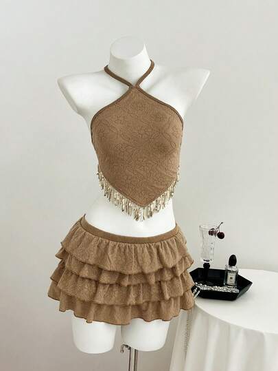 Elamini Bộ đồ hai mảnh mùa hè dành cho nữ, màu trơn, cổ yếm, dây mảnh, có tua rua trang trí, viền bèo nhún.