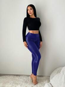 SHEIN SXY Quần legging nữ cạp cao ôm sát, họa tiết da báo màu đen. - Màu xanh hải quân - Xem 6