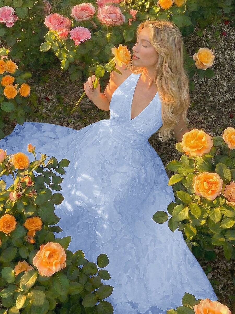 SHEIN MOD Plus Size Solid Color Textured Halter Neck Dress Wedding Light Blue Summer Elegant Normal - Sky Blue - View 1