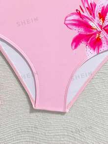SHEIN Tween Girls Floral Print One-Piece Swimsuit - Baby Pink - View 3