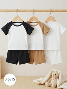 SHEIN Vintaside Kids 6件套婴幼儿男童休闲套装，包括藏青色、浅绿色、浅橙色、白色撞色插肩袖圆领短袖T恤和运动短裤，适合夏季穿着 - 彩色 - 查看 1