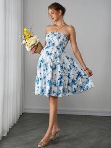 SHEIN 印花褶皱孕妇抹胸连衣裙，时尚百搭，适合约会和派对 - 藍白色 - 查看 7