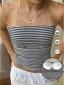 SHEIN PETITE 女士条纹露脐抹胸上衣 - 白色 - 查看 1
