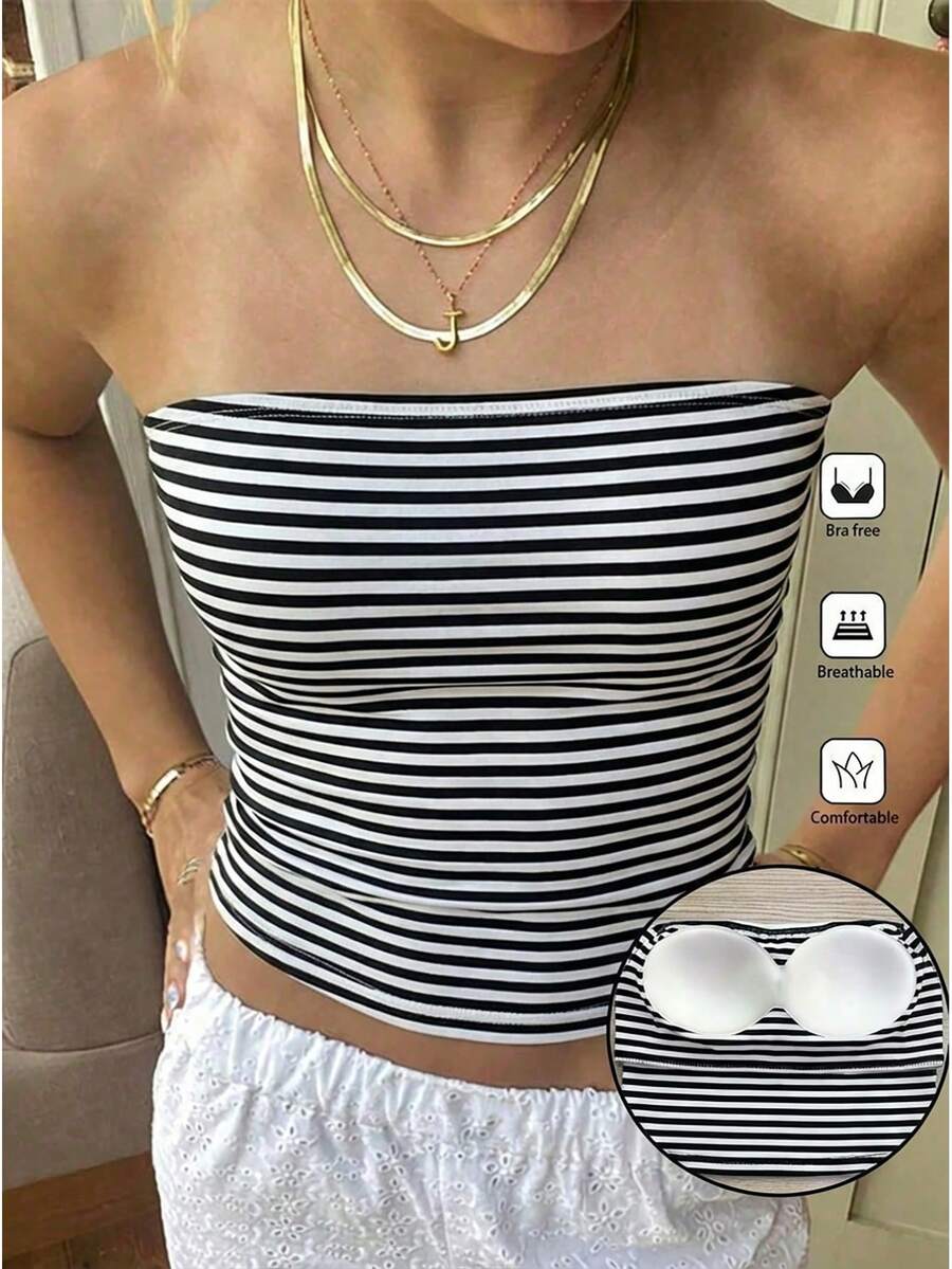SHEIN PETITE 女士条纹露脐抹胸上衣 - 白色 - 查看 1