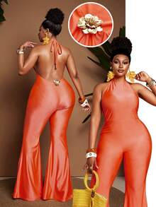 Maweii Plus Size Coral Orange Backless Sexy Halter Design Floral Decor High Waist Jumpsuit, Vacation Style - Coral Orange - View 3