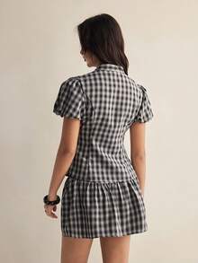 Easelle Conjunto informal de 2 piezas de top de manga corta con nudo y mini falda a cuadros en blanco y negro tejido para mujer - Blanco y Negro - Ver 3