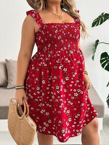Plussiva Plus Size Maternity Summer Vacation Ditsy Floral Loose Dress Vacation Outfits Red Dress  Floral Dress - Red - View 1