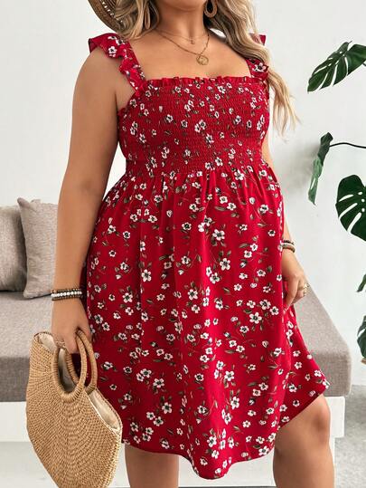 SHEIN Đầm rộng rãi họa tiết hoa nhí dành cho bà bầu cỡ lớn, thích hợp cho kỳ nghỉ hè.