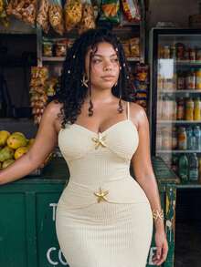 SHEIN Swim Vcay 大码女式假日金属海星装饰吊带罩衫连衣裙 - 米色 - 查看 3