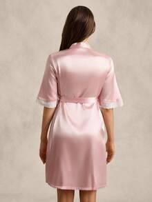 EverLounge Women's Elegant Charmeuse & Lace Cinched Waist Robe, Summer - Pink - View 2