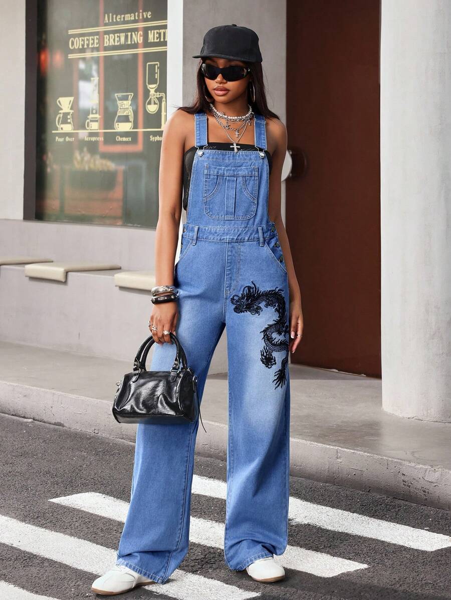 Jeanoix Dragon Zodiac Embroidered Wide Leg Denim Overalls - Blue - View 1