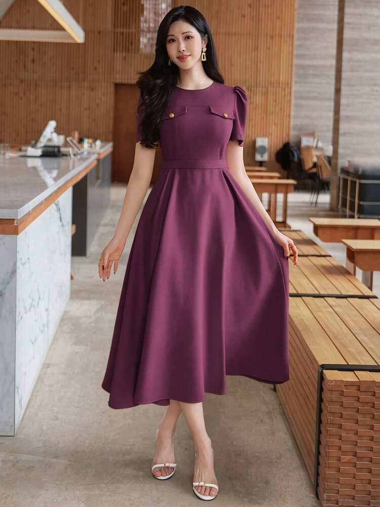 Casual Elegant Holiday Waist Cinched Short Sleeve Long Dress For Women, Spring & Summer