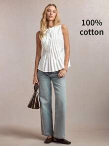 BizChic 白色圆领无袖上衣，侧边隐形拉链，蝴蝶结领口，荷叶边下摆，适合办公室、正式场合、优雅都市通勤、日常休闲，浪漫90年代复古风，百搭派对、婚礼宾客、伴娘、女主人、外出、社交活动、毕业典礼、早午餐、机场等场合。 - 白色 - 查看 4