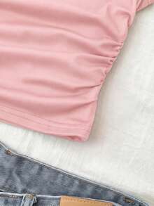 SHEIN 少女/青少年纯色粉色针织休闲简约修身不对称褶皱短款背心，适合春夏穿着，休闲百搭，个性风格，日常穿着 - 粉色 - 查看 4