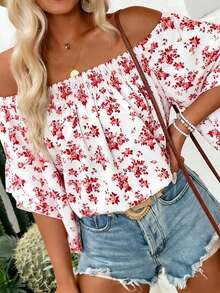 Breezaya 女士撞色印花露肩休闲衬衫 - 紅色 - 查看 6