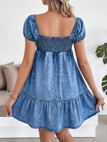 SHEIN Đầm denim bầu cổ tim tay raglan dáng casual - Màu xanh lam - Xem 2