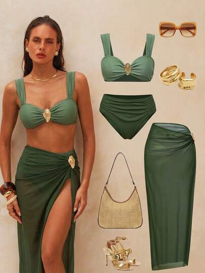 Swim Oasis 2026SS New Women's Swimwear Arrival For Holiday, Date, Western, Cruise, Beach, Island, Road Trip, All Seasons, Music Festival, Boho Vacation,Bohemian Vacation, Chill Autumn Boho Y2K Elegant Vintage Casua Green Premium 3 PiecesVacation Casual Beach Swimsuit Set For Women