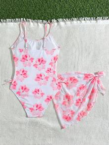 SHEIN 少女碎花连体泳衣及罩衫两件套 - 玫紅色 - 查看 2