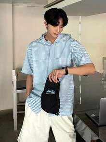 DAZY Men's Striped Blue Hooded Short Sleeve Button-Up Shirt, Summer - Blue - View 8