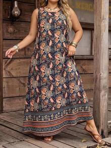 SHEIN CURVE+ Kích cỡ US22 (dành cho người có thân hình đầy đặn) Lễ hội âm nhạc, Kỳ nghỉ bên bờ biển, Đầm không tay phong cách Bohemia dành cho nữ, in hình cây điều, có túi, trang phục mùa hè cho nữ, quần áo mùa hè kiểu châu Âu - Nhiều màu - Xem 3