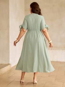 Roveilla Đầm dài màu xanh bạc hà kẻ caro thanh lịch, sang trọng, thích hợp cho nữ mùa xuân/hè, đi làm, đi nghỉ mát, lãng mạn, cao cấp, gợi cảm, cổ vuông, vai rớt, tay ngắn, thắt eo. - màu xanh lá - Xem 2
