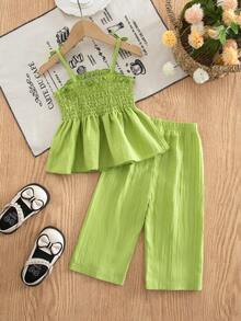 SHEIN Baby Girls' Solid Color Spaghetti Strap Bow Decor Ruffled Hem Woven Camisole & Shorts Set, Summer - Mint Green - View 2