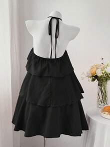 Sweetra CURVE Plus Size Women Multi-Layer Solid Color Halter Neck Dress - Black - View 2