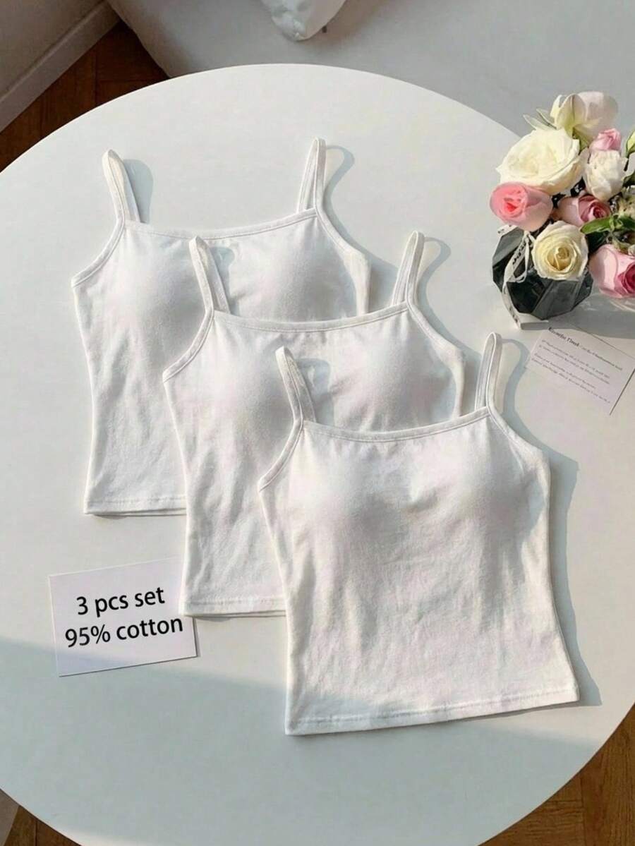 SHEIN 3 piezas Sujetadores de punto de algodón cómodos básicos para niñas preadolescentes, color blanco - Multicolor - Ver 1