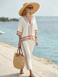 SHEIN Holidaya Áo sơ mi nữ đi nghỉ mát, cổ chữ V dáng rộng, tay lỡ 3/4, trang phục đi nghỉ mát cho nữ, trang phục đi nghỉ lễ cho nữ, kỳ nghỉ, áo sơ mi đi nghỉ mát, quần áo đi nghỉ lễ, áo sơ mi nữ thường ngày, áo sơ mi mùa hè, bãi biển, áo sơ mi đi biển, trang phục đi biển, đồ đi biển cho nữ, áo sơ mi đi nghỉ mát mùa hè mới cho nữ - Nhiều màu - Xem 3