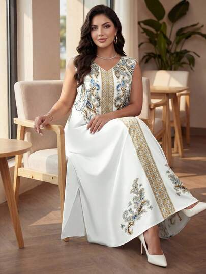 SHEIN Lady CURVE Đầm maxi nữ cỡ lớn thanh lịch, cổ chữ V, họa tiết hoa retro, thích hợp cho mùa xuân/hè, màu trắng, thích hợp cho kỳ nghỉ.